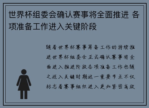 世界杯组委会确认赛事将全面推进 各项准备工作进入关键阶段